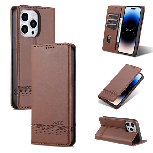iPhone 14 Pro AZNS Magnetic Calf Texture Flip Leather Phone Case - Dark Brown