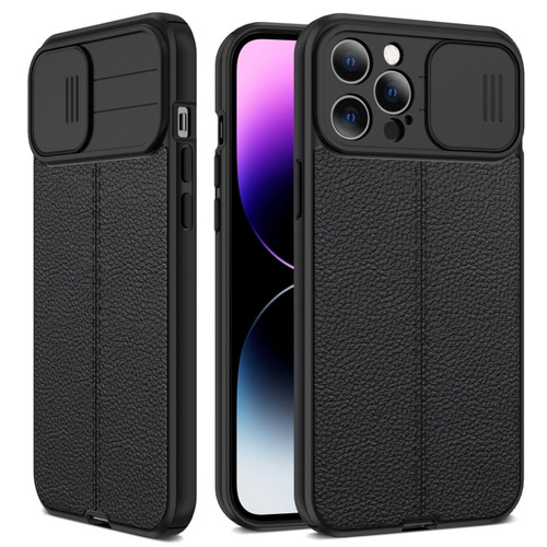 iPhone 14 Pro Litchi Texture Sliding Camshield TPU Protective Phone Case - Black