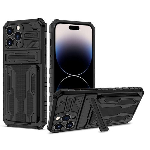 iPhone 14 Pro Kickstand Armor Card Wallet Phone Case - Black