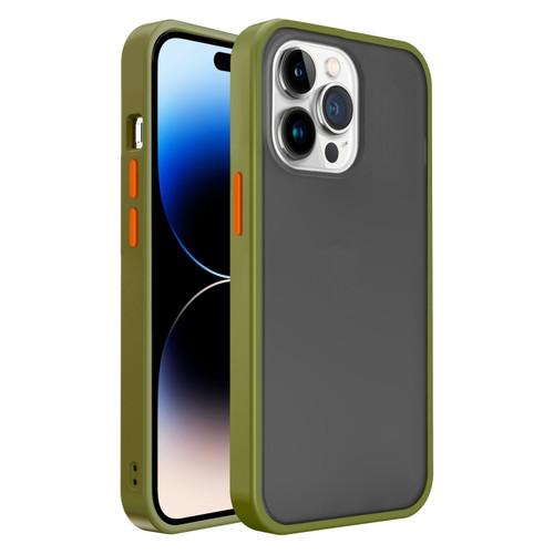 iPhone 14 Pro Frosted Skin Feel PC Contrast Color Button Phone Case - Green+Orange