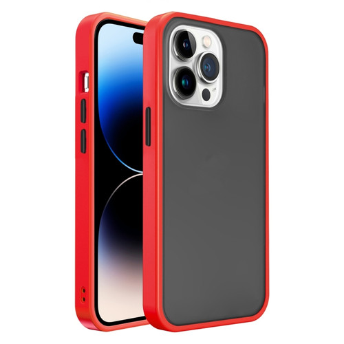 iPhone 14 Pro Frosted Skin Feel PC Contrast Color Button Phone Case - Red+Black