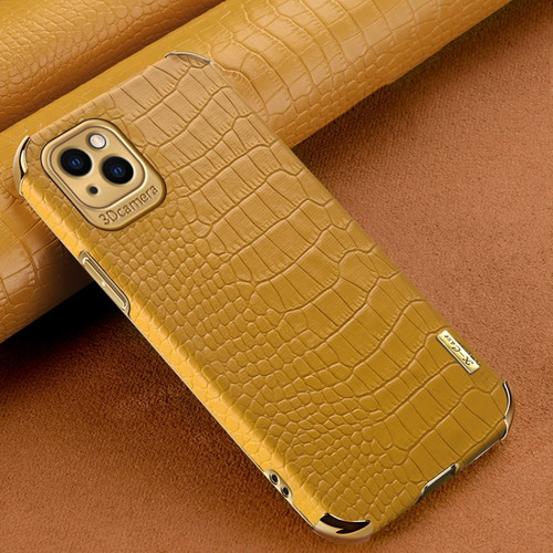 iPhone 14 6D Electroplating Crocodile Texture Phone Case  - Brown