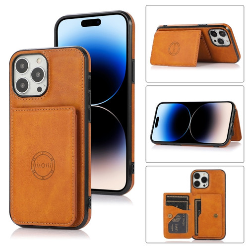 iPhone 14 Pro Calf Texture Magnetic Card Bag Case - Brown