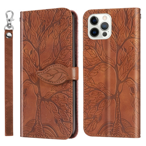 iPhone 14 Pro Life of Tree Embossing Pattern Leather Phone Case - Brown