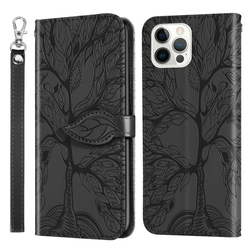 iPhone 14 Pro Life of Tree Embossing Pattern Leather Phone Case - Black