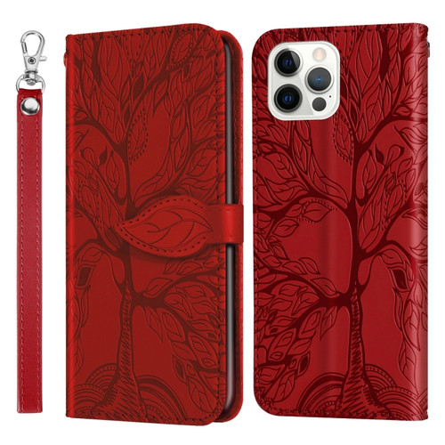 iPhone 14 Pro Life of Tree Embossing Pattern Leather Phone Case - Red