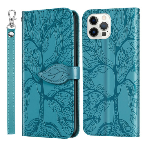 iPhone 14 Pro Life of Tree Embossing Pattern Leather Phone Case - Lake Blue