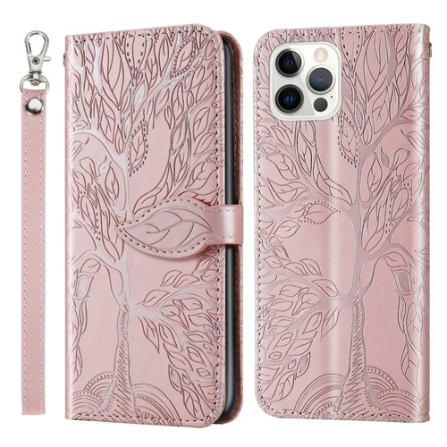 iPhone 14 Pro Life of Tree Embossing Pattern Leather Phone Case - Rose Gold