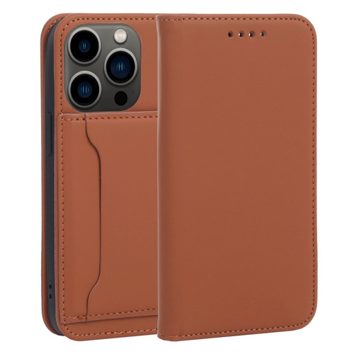 iPhone 14 Pro Magnetism Skin Feel Card Holder Leather Phone Case - Brown