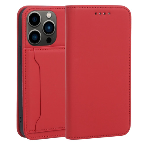 iPhone 14 Pro Magnetism Skin Feel Card Holder Leather Phone Case - Red