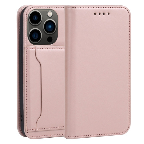 iPhone 14 Pro Magnetism Skin Feel Card Holder Leather Phone Case - Rose Gold