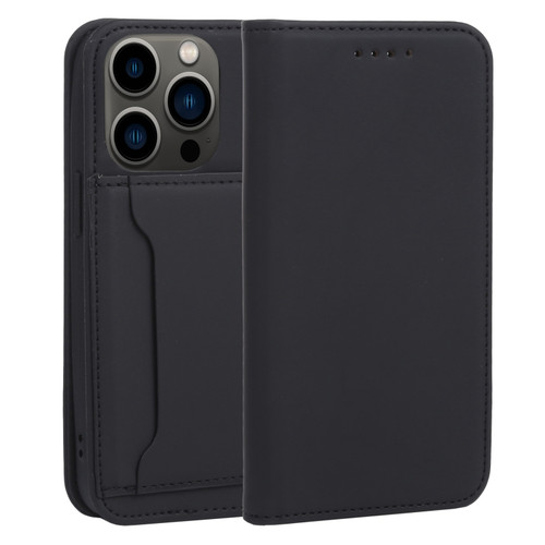 iPhone 14 Pro Magnetism Skin Feel Card Holder Leather Phone Case - Black