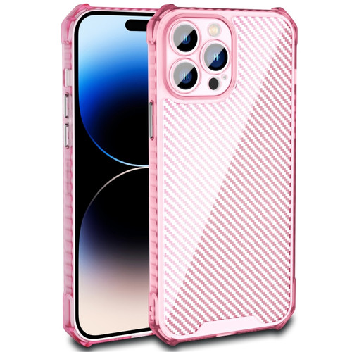iPhone 14 Pro Carbon Fiber Texture Shockproof Phone Case - Transparent Pink