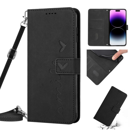 iPhone 14 Pro Skin Feel Heart Pattern Leather Phone Case With Lanyard - Black
