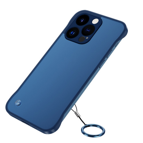 iPhone 14 Pro Metal Lens Frosted Finger Ring Strap Phone Case - Blue