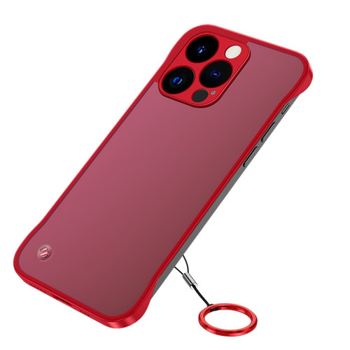 iPhone 14 Pro Metal Lens Frosted Finger Ring Strap Phone Case - Red