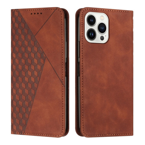 iPhone 14 Pro Diamond Pattern Splicing Skin Feel Magnetic Phone Case - Brown