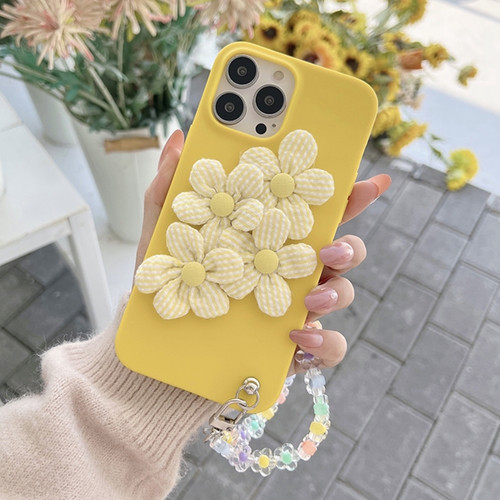 iPhone 14 Pro Four Flowers Hand Strap Phone Case - Yellow