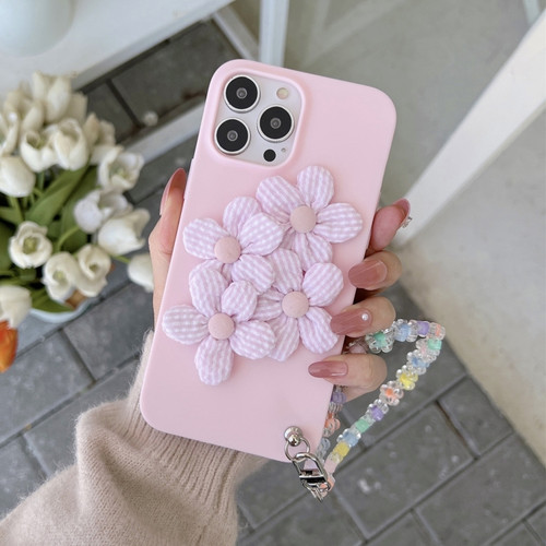 iPhone 14 Pro Four Flowers Hand Strap Phone Case - Light Pink