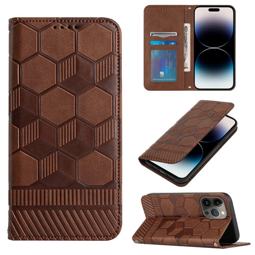 iPhone 14 Pro Football Texture Magnetic Leather Flip Phone Case - Brown