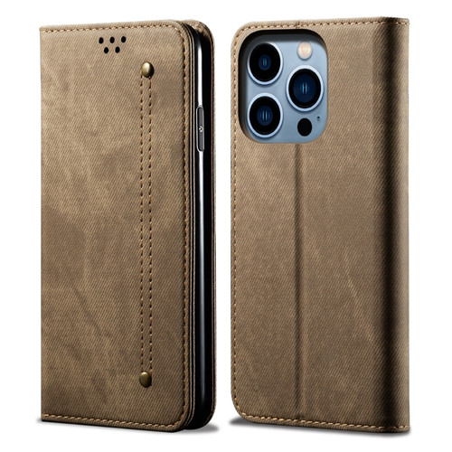 iPhone 14 Pro Denim Texture Casual Style Leather Phone Case - Khaki