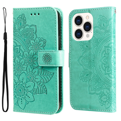 iPhone 14 Pro 7-petal Flowers Embossing Leather Case - Green