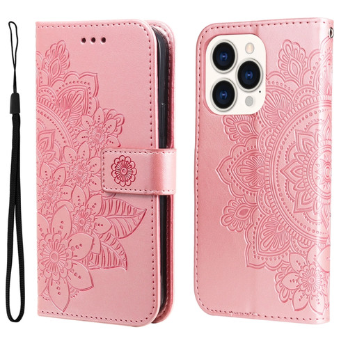 iPhone 14 Pro 7-petal Flowers Embossing Leather Case - Rose Gold