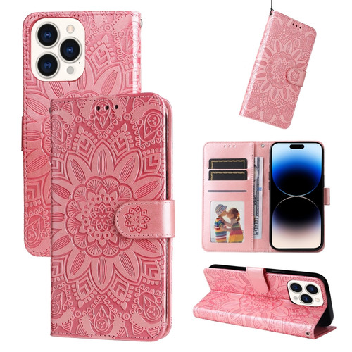 iPhone 14 Pro Embossed Sunflower Leather Phone Case - Pink
