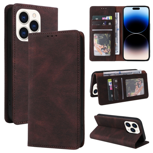 iPhone 14 Pro Simple Suction Closure Horizontal Flip Leather Case - Brown