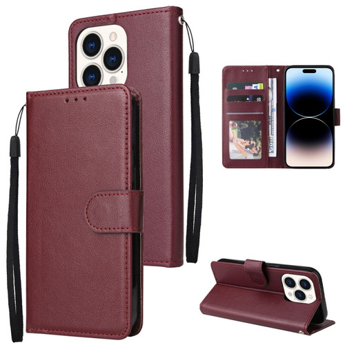 iPhone 14 Pro Multifunctional Horizontal Flip Leather Case with Three Card Slot - Red Wine