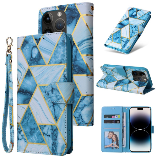 iPhone 14 Pro Marble Bronzing Stitching Horizontal Flip PU Leather Case - Blue