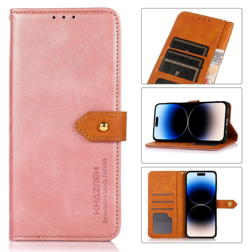 iPhone 14 Pro KHAZNEH Dual-color Cowhide Texture Flip Leather Phone Case  - Rose Gold