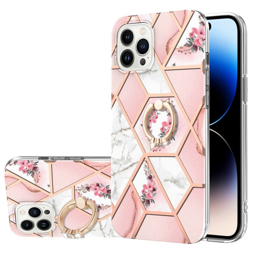 iPhone 14 Pro Electroplating Splicing Marble Flower Pattern TPU Shockproof Case with Rhinestone Ring Holder - Pink Flower
