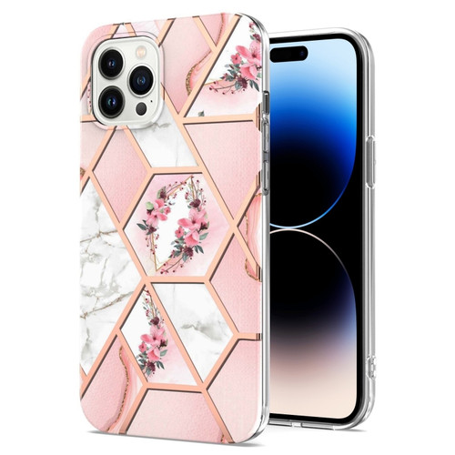 iPhone 14 Pro Electroplating Splicing Marble Flower Pattern TPU Shockproof Case - Pink Flower