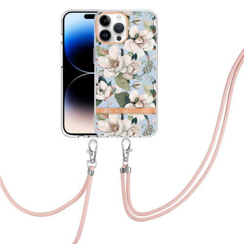 iPhone 14 Pro Flowers and Plants Series IMD TPU Phone Case with Lanyard - Purple Peony