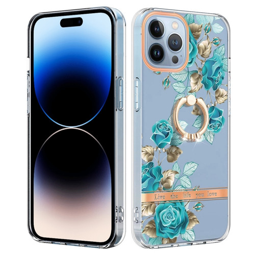 iPhone 14 Pro Ring IMD Flowers TPU Phone Case - Blue Rose