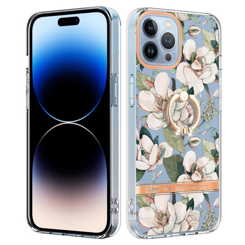 iPhone 14 Pro Ring IMD Flowers TPU Phone Case - Green Gardenia