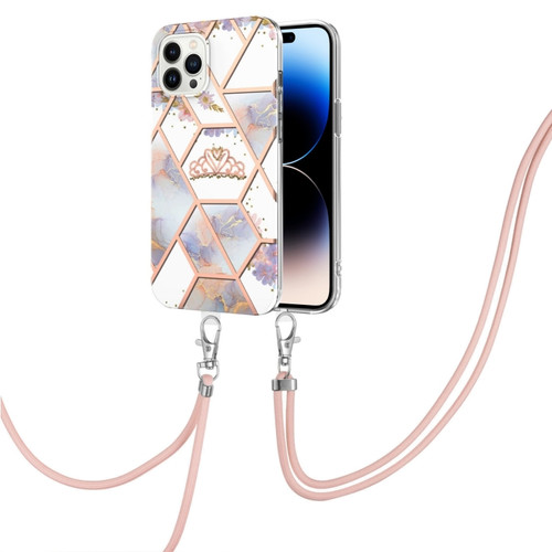 iPhone 14 Pro Electroplating Splicing Marble Flower Pattern TPU Shockproof Case with Lanyard - Imperial Crown