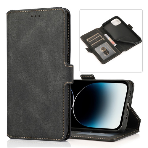 iPhone 14 Pro Retro Magnetic Closing Clasp Leather Case - Black