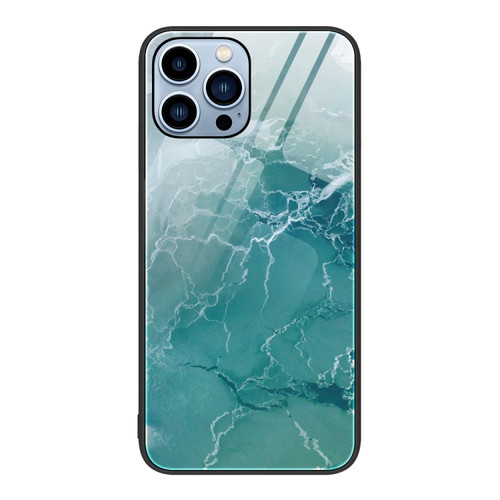 iPhone 14 Pro Marble Pattern Glass Protective Phone Case - Green Ocean
