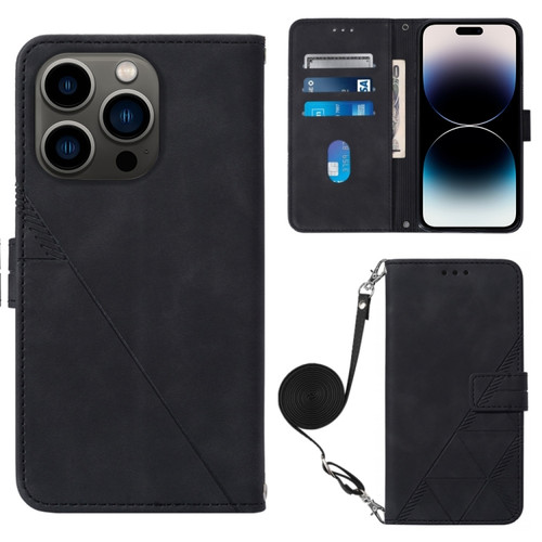 iPhone 14 Pro Crossbody 3D Embossed Flip Leather Phone Case - Black