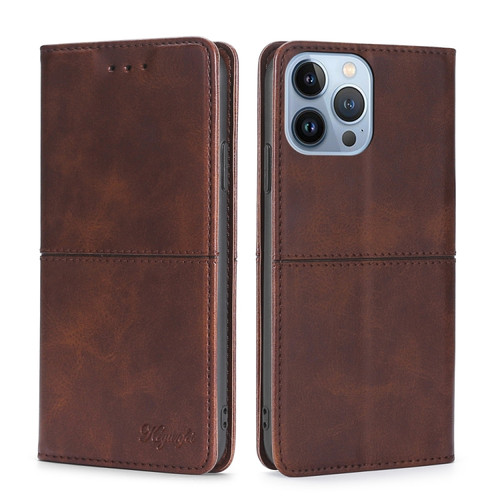 iPhone 14 Pro Cow Texture Magnetic Leather Phone Case - Dark Brown