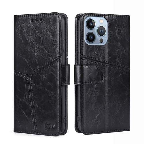 iPhone 14 Pro Geometric Stitching Leather Phone Case - Black