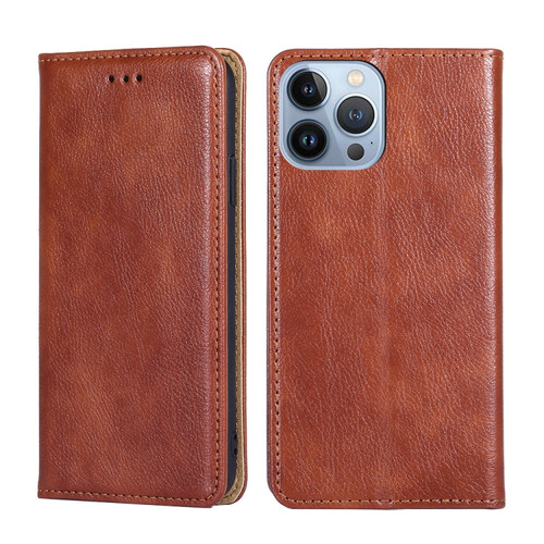 iPhone 14 Pro Gloss Oil Solid Color Magnetic Leather Phone Case Pro - Brown