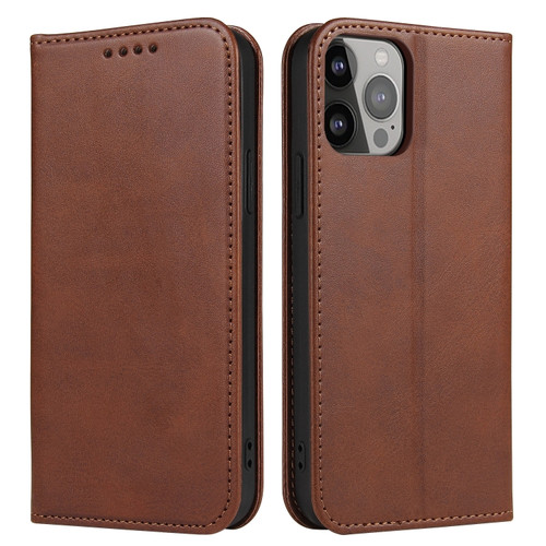 iPhone 14 Pro Calf Texture Magnetic Flip Leather Phone Case - Brown