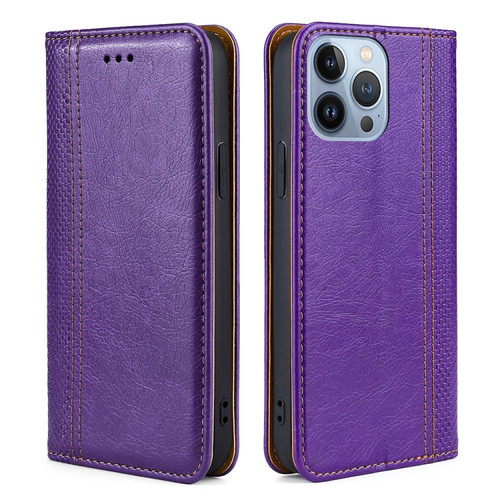 iPhone 14 Pro Grid Texture Magnetic Flip Leather Phone Case - Purple