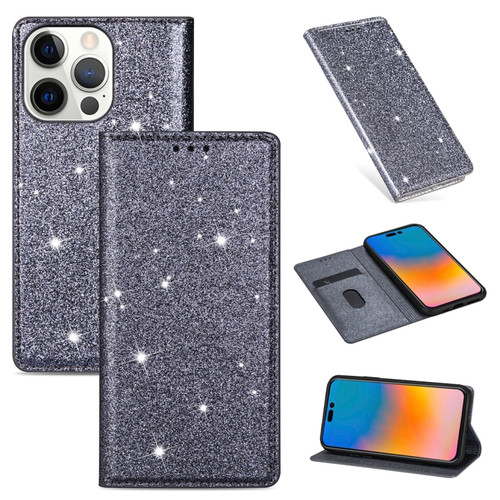 iPhone 14 Pro Ultrathin Glitter Magnetic Leather Case - Grey