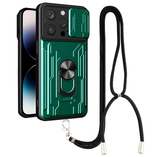 iPhone 14 Pro Lanyard Slide Camshield Card Phone Case - Dark Green