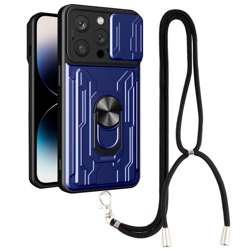 iPhone 14 Pro Lanyard Slide Camshield Card Phone Case - Royal Blue