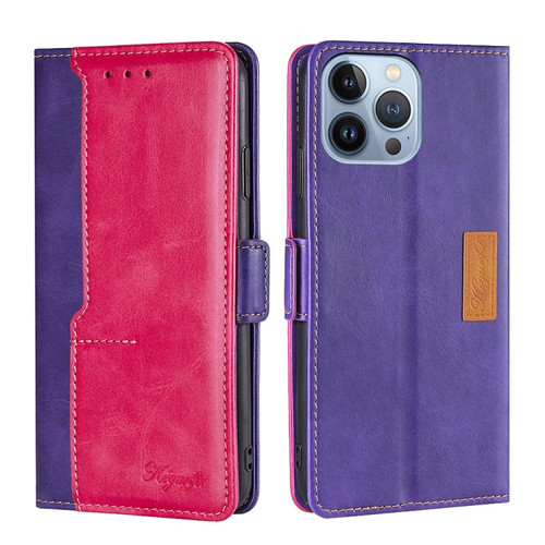 iPhone 14 Pro Contrast Color Side Buckle Leather Phone Case - Purple + Rose Red